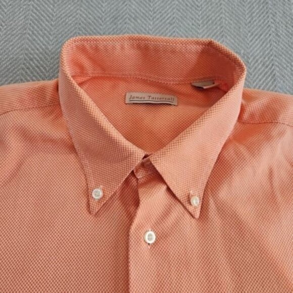 James Tattersall Shirt Men's Large Button Up Orange Seersucker Honeycomb EUC - Picture 3 of 11
